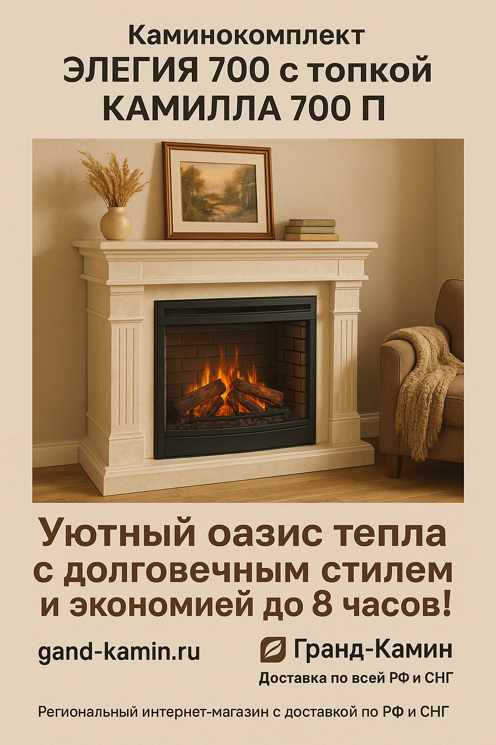 Каминокомплект Элегия 700 с топкой Камилла 700 П: создайте уютный оазис тепла с долговечным стилем и экономией до 8 часов!
