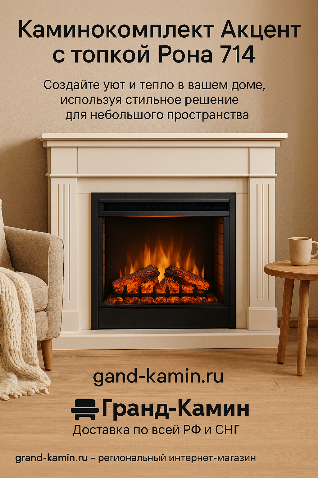 Каминокомплект Акцент с топкой Рона 714 Ш: создайте уют и тепло в вашем доме, используя стильное решение для небольшого пространства