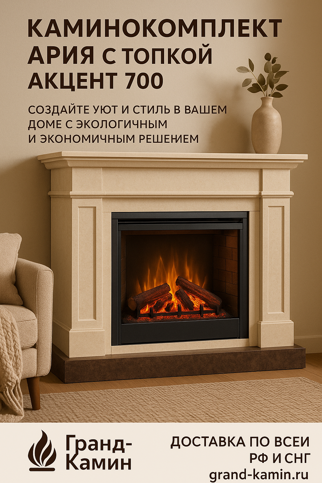 Каминокомплект Ария с топкой Акцент 700 Ш: создайте уют и атмосферу стиля в вашем доме с экологически чистым и экономичным решением