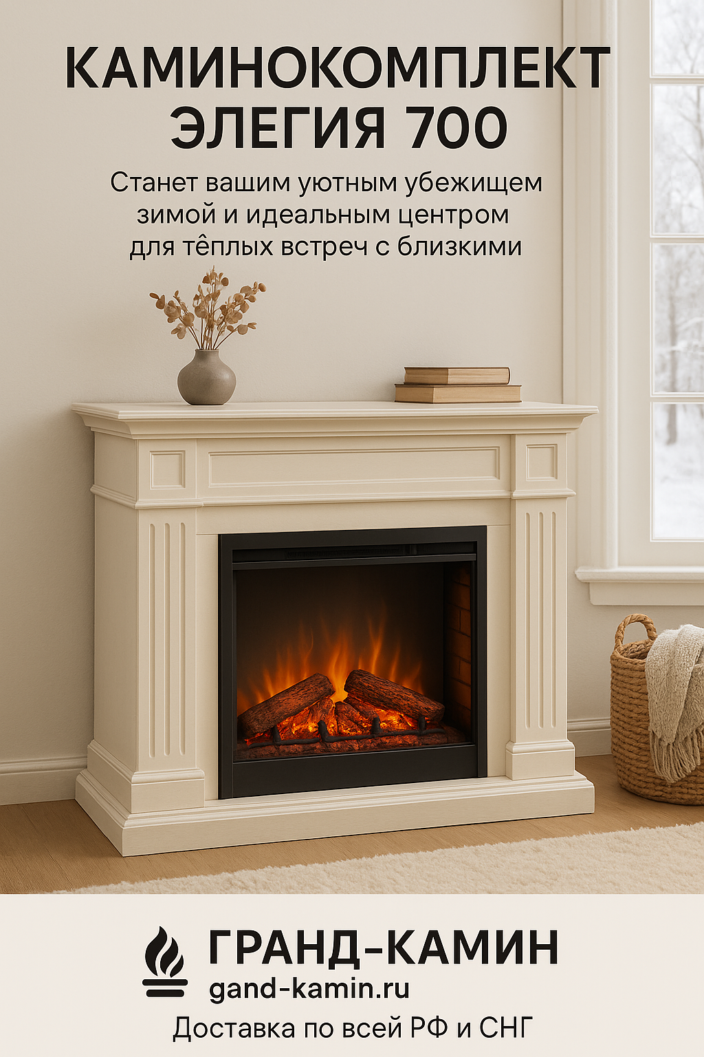 Каминокомплект Элегия 700 станет вашим уютным убежищем зимой и идеальным центром для теплых встреч с близкими