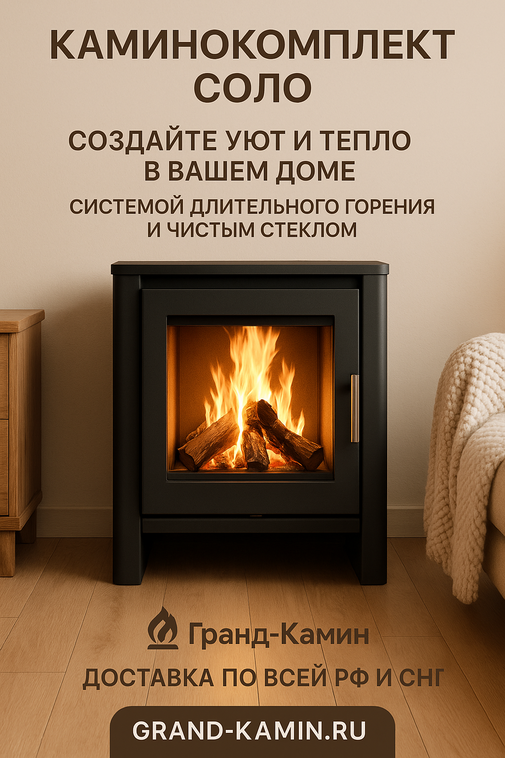 Каминокомплект Соло: создайте уют и тепло в вашем доме с системой длительного горения и чистым стеклом