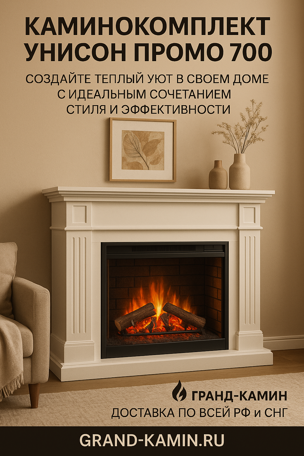 Каминокомплект Унисон Промо 700 — создайте теплый уют в своем доме с идеальным сочетанием стиля и эффективности