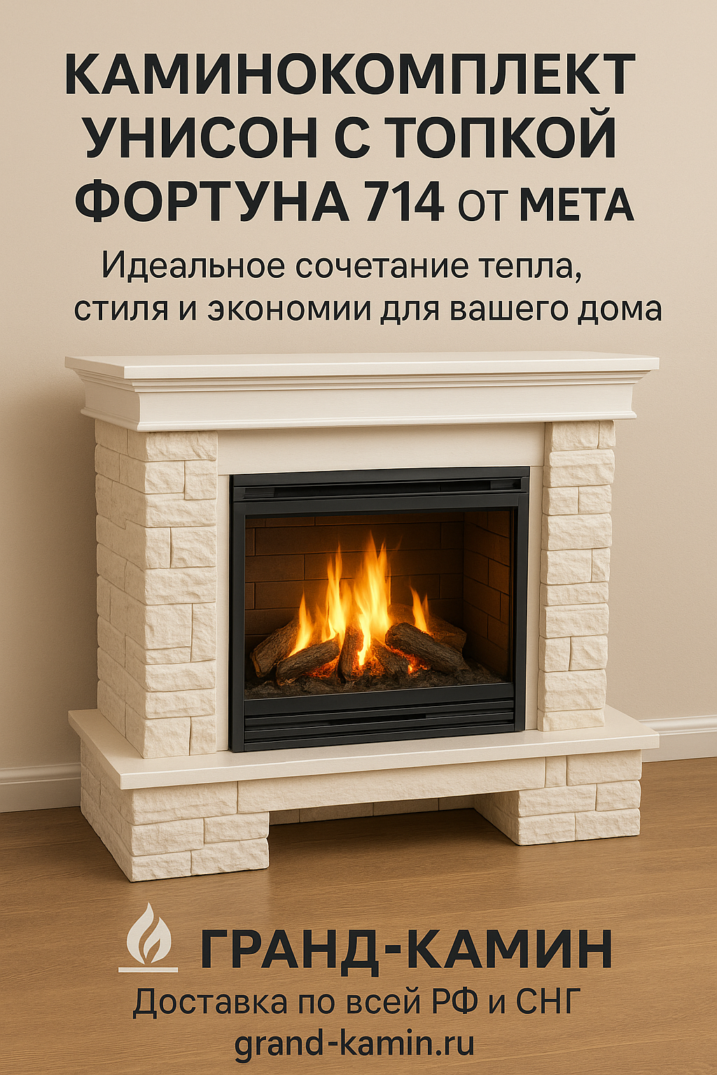 Каминокомплект Унисон с топкой Фортуна 714 от Мета: идеальное сочетание тепла, стиля и экономии для вашего дома