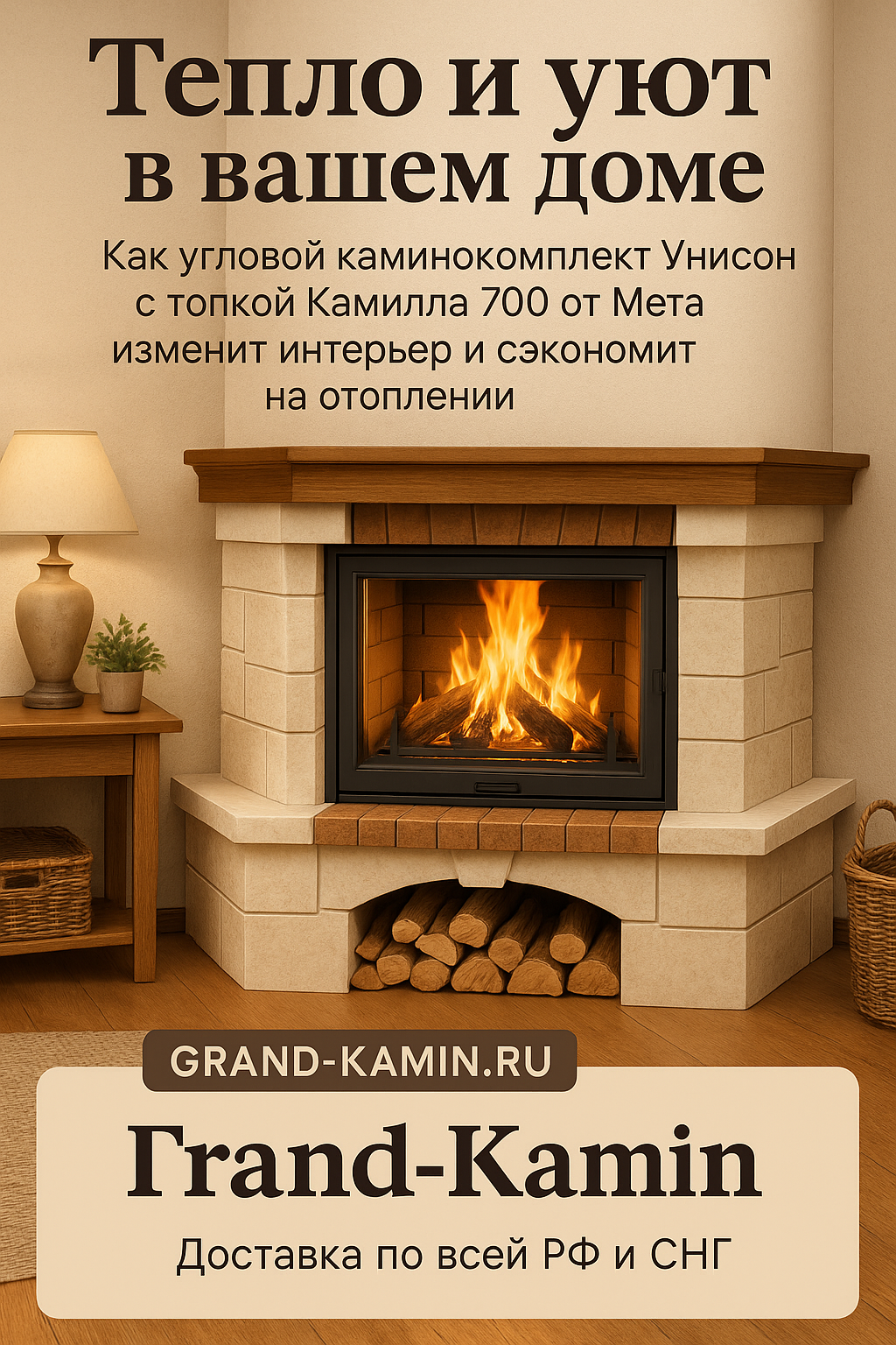 Тепло и уют в вашем доме: как угловой каминокомплект Унисон с топкой Камилла 700 от Мета изменит интерьер и сэкономит на отоплении