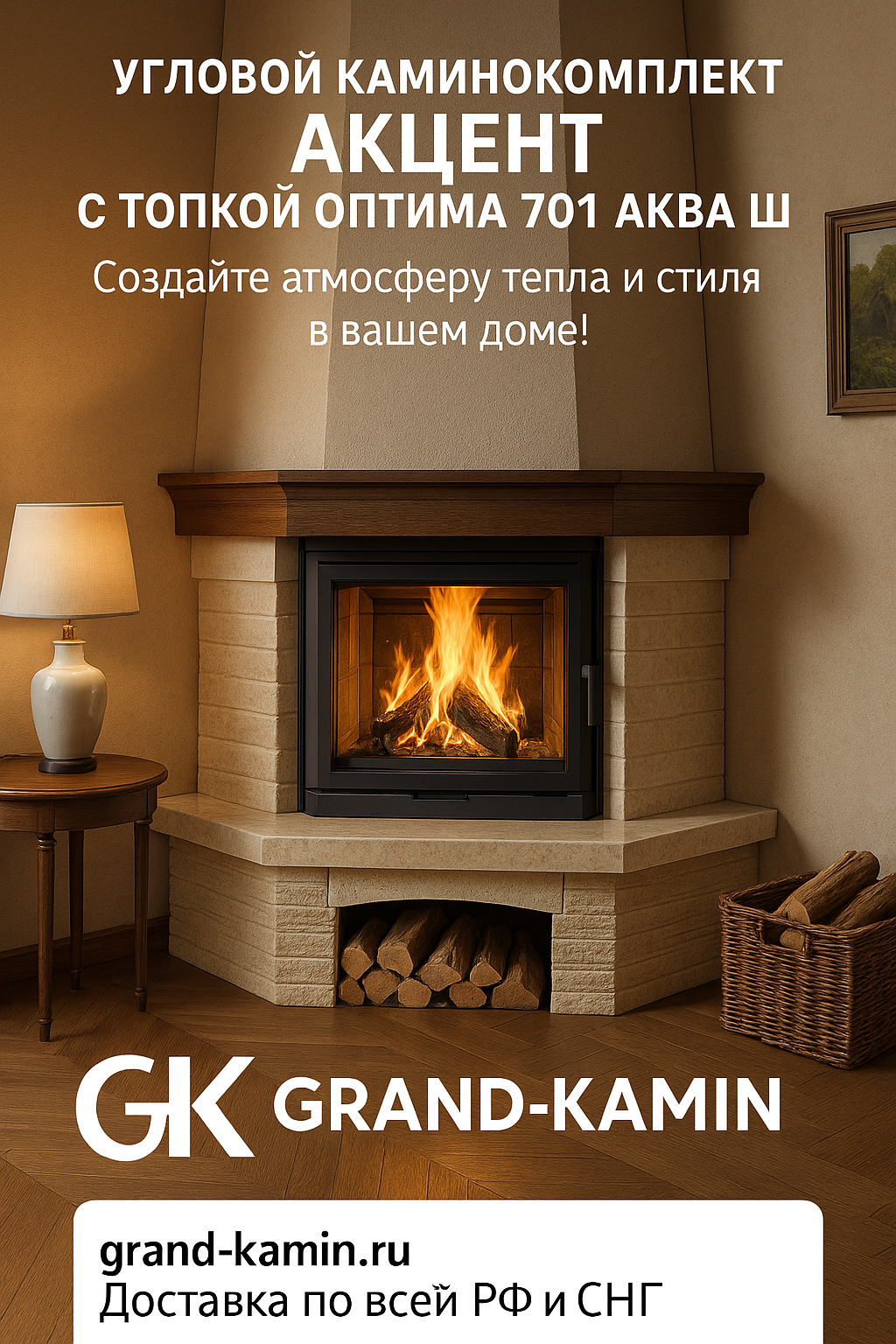 Угловой каминокомплект Акцент с топкой Оптима 701 АКВА Ш: создайте атмосферу тепла и стиля в вашем доме!