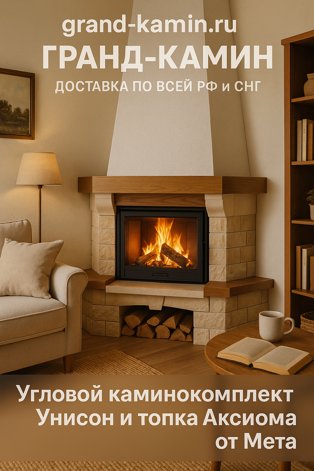 Создайте уютный уголок мечты с угловым каминокомплектом Унисон и топкой Аксиома от Мета для вашего дома
