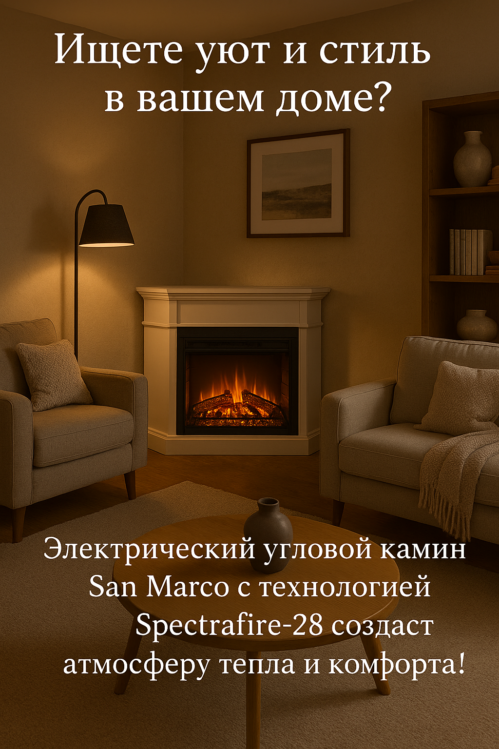 Электрический угловой камин San Marco с эффектом живого огня: идеальный уют и стиль для вашего дома